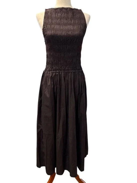 Madewell Keeran Sleeveless Dress~Size S~Molasses Brown Smocked Midi DAMAGE L7 27 - Picture 3 of 11